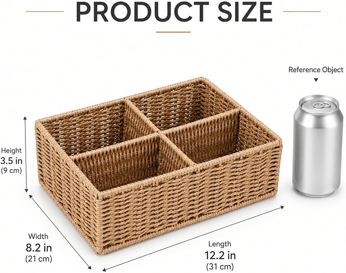 Paper Rope Woven Snack Organizer Basket, 4 Compartment Countertop Storage Bin - Image 3