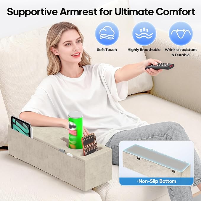 Sofa Armrest Couch Caddy with Cup Holder, Removable Couch Armrest Table Pillow - Image 2