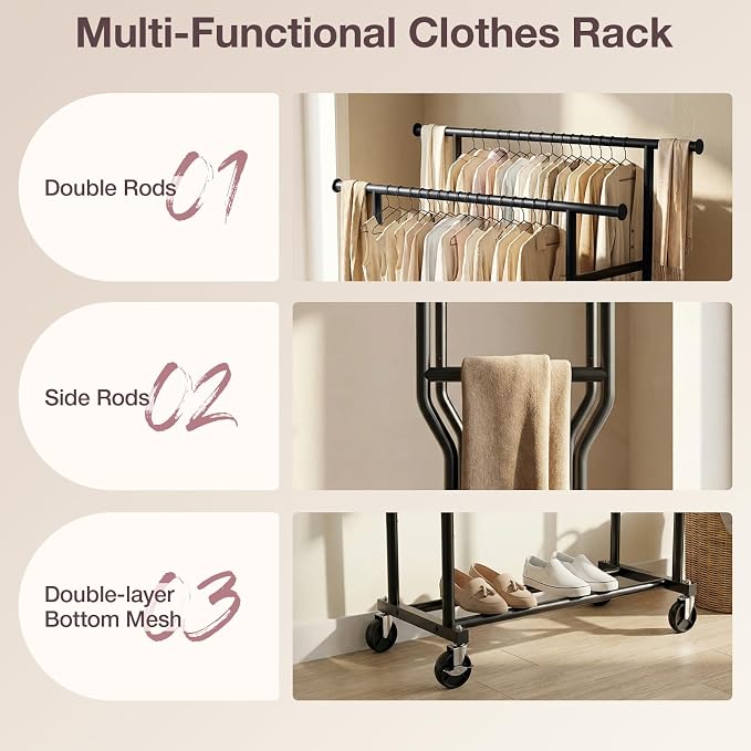 Clothes Rack, Double Rods Rolling Clothing Rack - Image 6