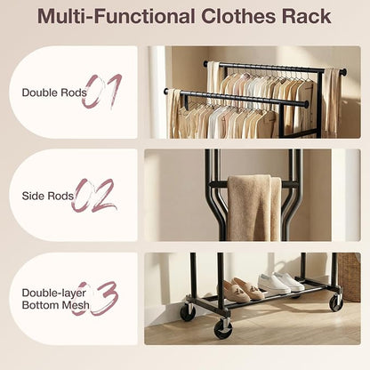 Clothes Rack, Double Rods Rolling Clothing Rack - Image 6