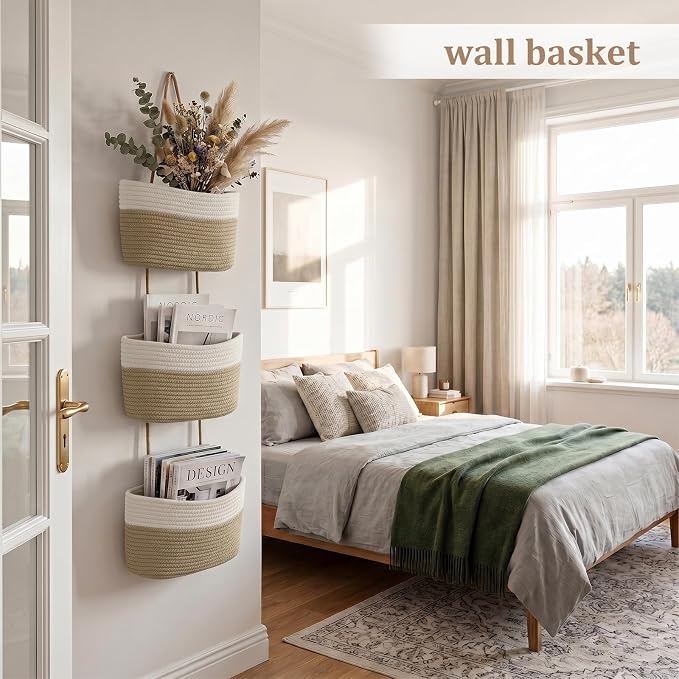 TeoKJ Over the Door Hanging Basket, 3-Tier Woven Cotton Wall-Mounted Storage - Image 3