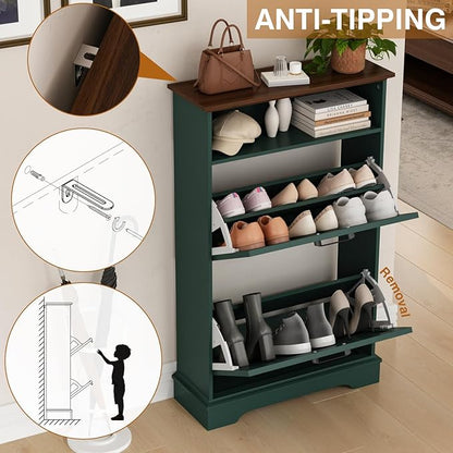 Shoe Storage Cabinet with 2 Flip Drawers, Narrow Slim Shoe Organizer - Image 3