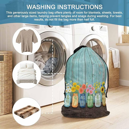Spring XL Laundry Bag Flower in Bottle Butterfly Vintage Wood Grain Machine - Image 7