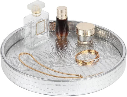 HofferRuffer Faux Leather Round Serving Tray, Vegan Croco Leather Decorative by HofferRuffer