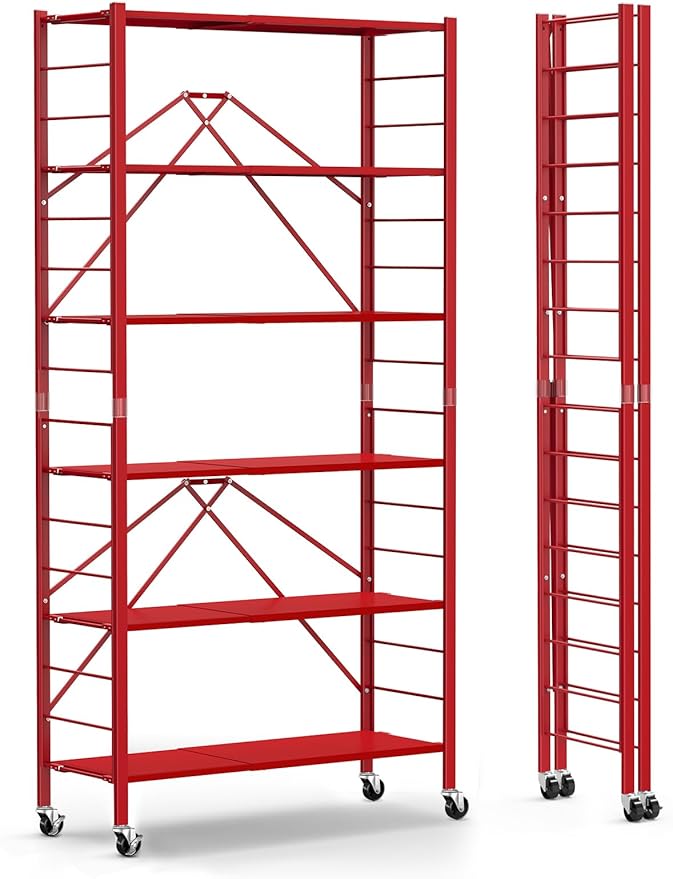 Himix 6-Tier Expandable Storage Shelves Wheels Foldable Rack Red No Assembly by Himix