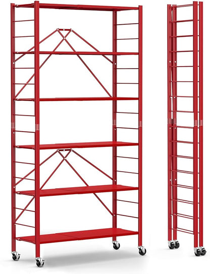 Himix 6-Tier Expandable Storage Shelves Wheels Foldable Rack Red No Assembly by Himix