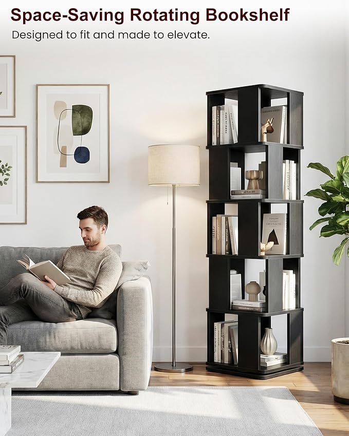 5-Tier Rotating Bookshelf Tower, 360° Square Spinning Book Shelf | Floor - Image 7