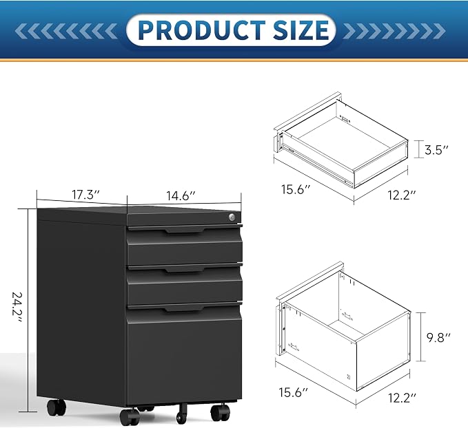 3 Drawer File Cabinet with Lock and Wheels, Rolling File Cabinets with Lock - Image 2