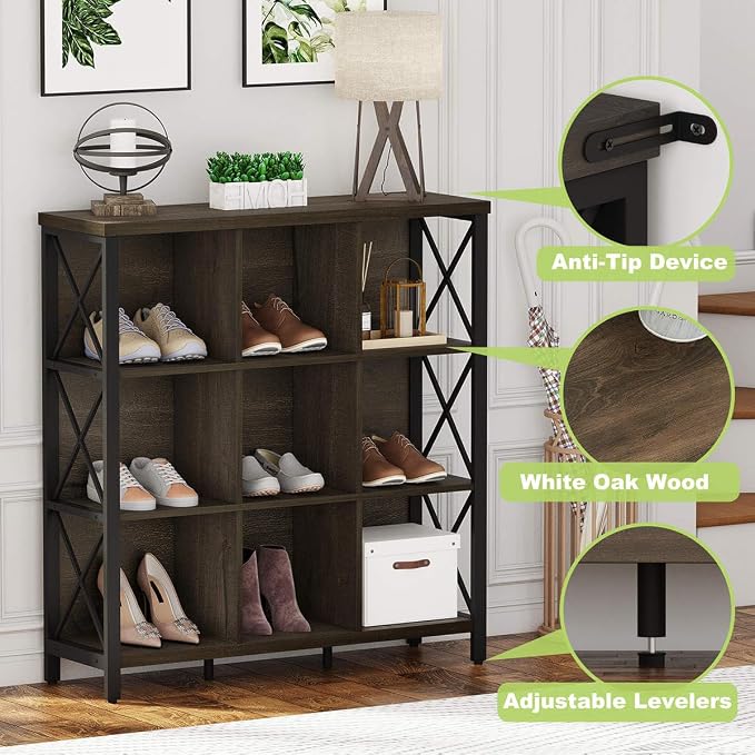FATORRI 9 Cube Storage Bookshelf, Modern 4 Shelf Book Shelf, Wood and Metal - Image 3