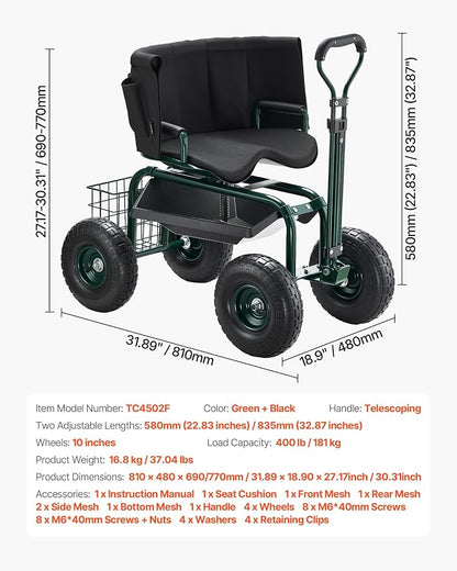 VEVOR Garden Seat with Wheels, Rolling Garden Stool with Height Adjustable & - Image 7