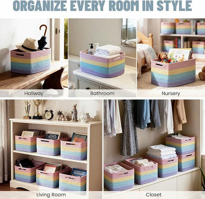 5 Pack Rainbow Woven Storage Baskets - Image 5
