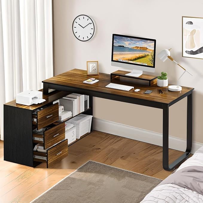 55 Inch L Shaped with Storage Shelves, Corner Computer Desk with Drawers - Image 9