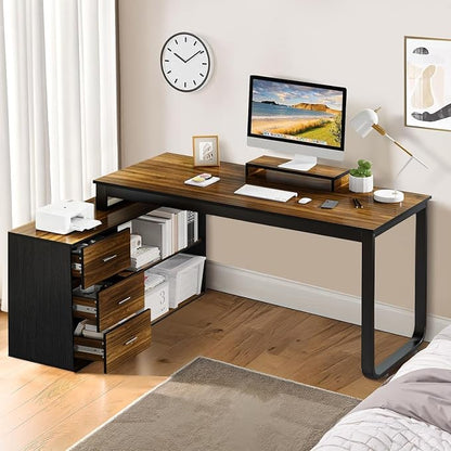 55 Inch L Shaped with Storage Shelves, Corner Computer Desk with Drawers - Image 9