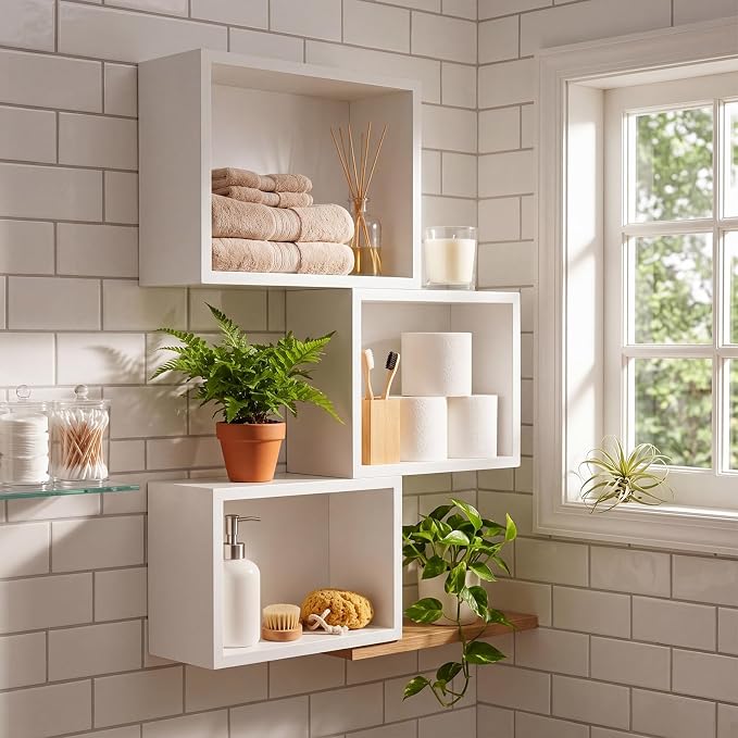 Novabright 3 Set Floating Cube Shelves Wall Mounted Wood Decor, Hanging Storage - Image 5