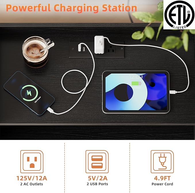 2 Pack Nightstand with Charging Station and LED Light, Modern Nightstand with - Image 4