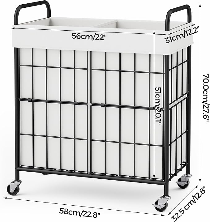 2 Section Laundry Hamper with Wheels and Brake, 100L Laundry Sorter Cart with 2 - Image 7