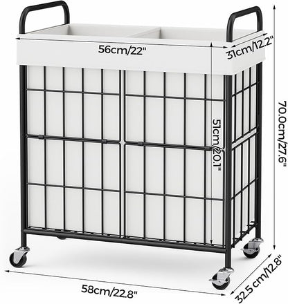 2 Section Laundry Hamper with Wheels and Brake, 100L Laundry Sorter Cart with 2 - Image 7