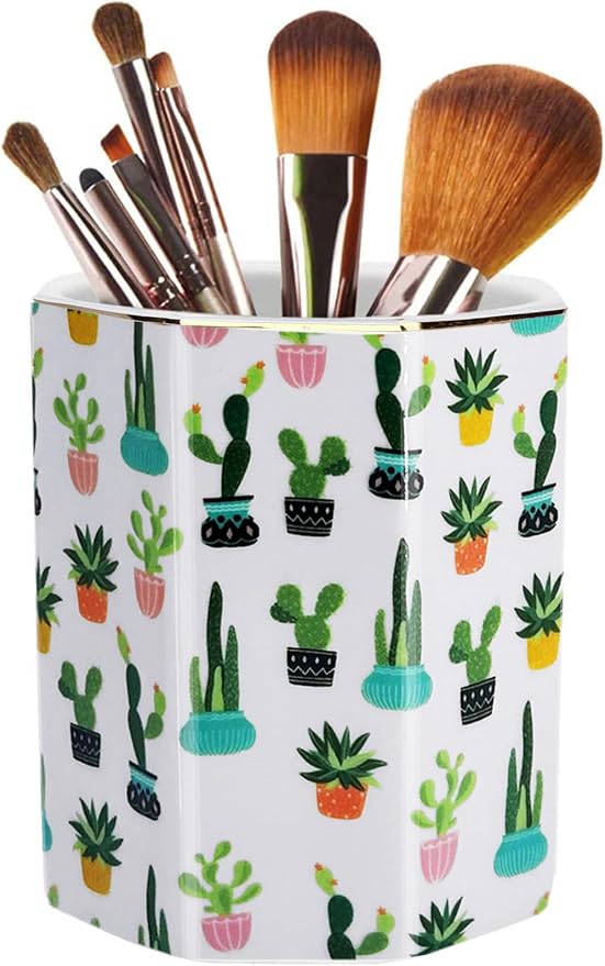 Pen Holder, Makeup Brush Holder Ceramic Shiny Gold Tropical Cactus Green by LEAZUL