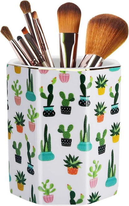 Pen Holder, Makeup Brush Holder Ceramic Shiny Gold Tropical Cactus Green by LEAZUL
