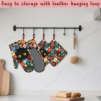 Funny Black Cat Heat-Resistant Silicone Oven Mitts and Pot Holders 4 Piece Set - Image 5