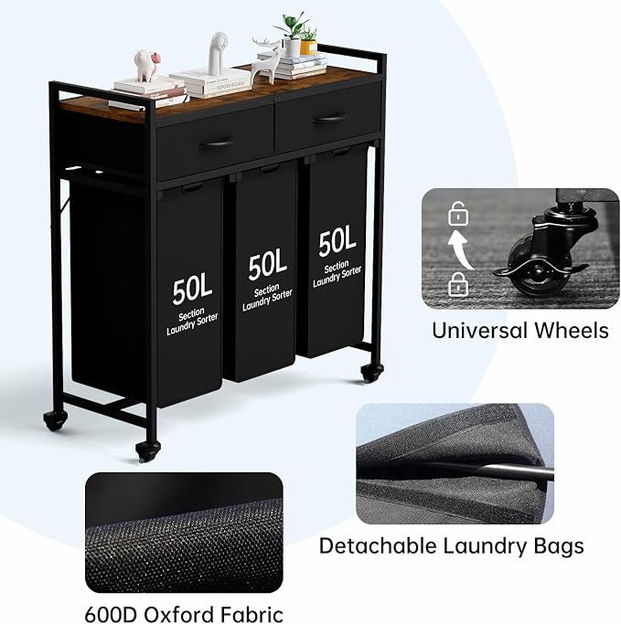 Laundry Sorter with 3 Section Pull Out Bags Rolling Laundry Basket Organizer - Image 5