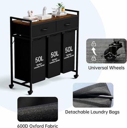 Laundry Sorter with 3 Section Pull Out Bags Rolling Laundry Basket Organizer - Image 5