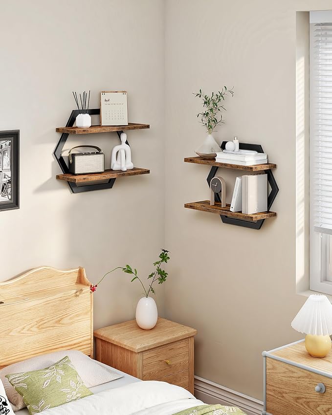Hexagon Floating Shelves for Wall, 2 -Tier Hanging Shelves, Wall Mounted - Image 6