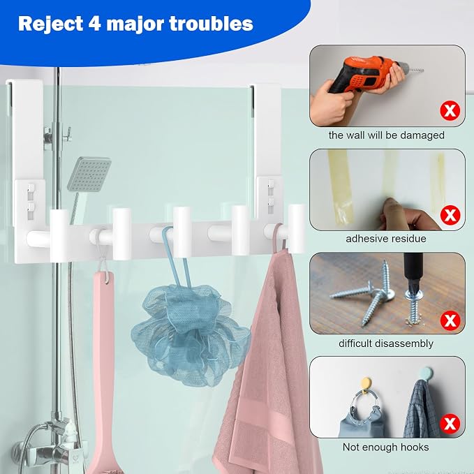 PMMASTO No-Drill Extra Long Shower Hooks, Fits 3/8" Thick Door, Heavy Duty - Image 4