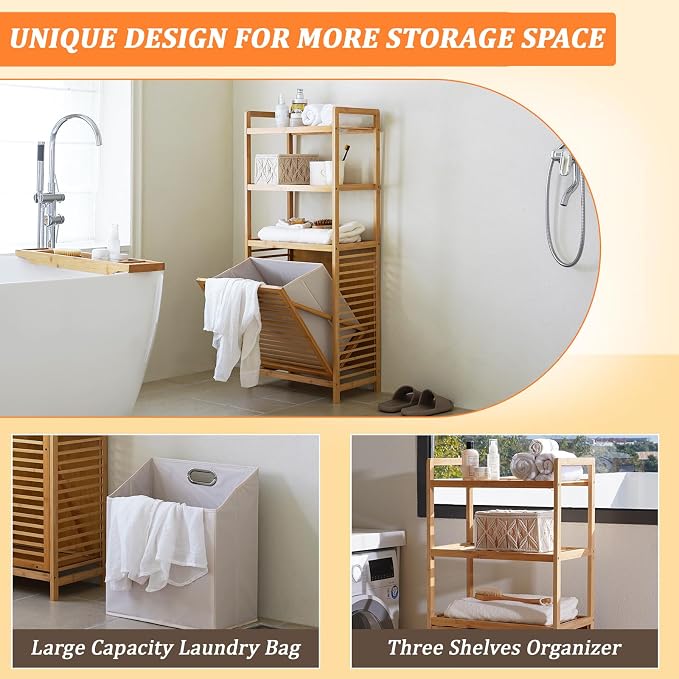 Bamboo Laundry Hamper with 3 Tier Shelves & Tilt Out Basket, Laundry Baskets - Image 5