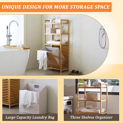 Bamboo Laundry Hamper with 3 Tier Shelves & Tilt Out Basket, Laundry Baskets - Image 5