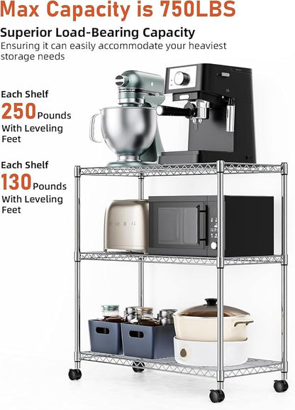 Simple Deluxe Heavy-Duty 3-Tier Rolling Shelving Unit, Adjustable Steel Wire - Image 3