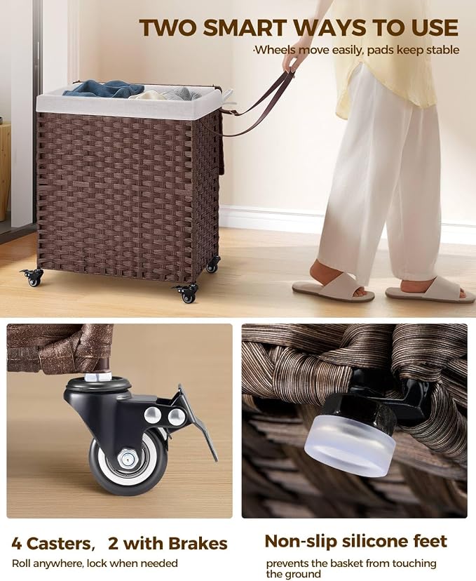 Greenstell Laundry Hamper with Wheels, No Install Needed, 110L Divided - Image 3