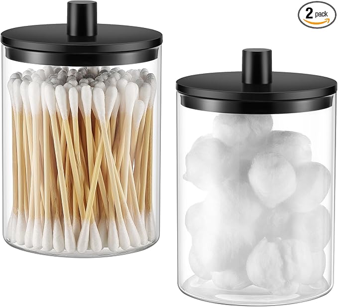 TIPGO Glass Qtip Holder Dispenser - 10 oz Clear Canister Apothecary Jar by TIPGO