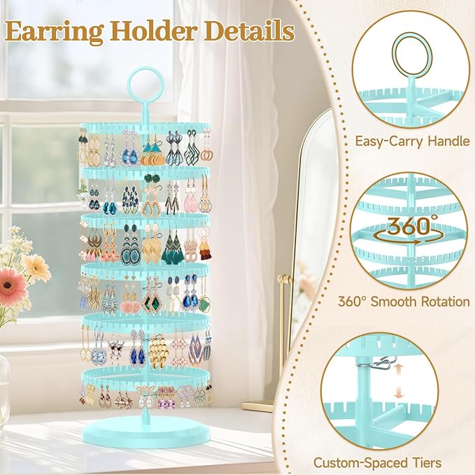 MODOWEY Rotating Earring Holder Organizer Adjustable Display, 6 Tiers Blue | - Image 3