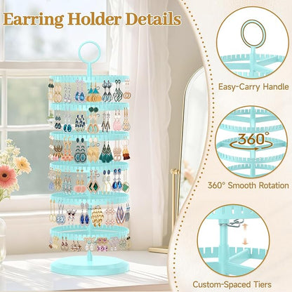 MODOWEY Rotating Earring Holder Organizer Adjustable Display, 6 Tiers Blue | - Image 3