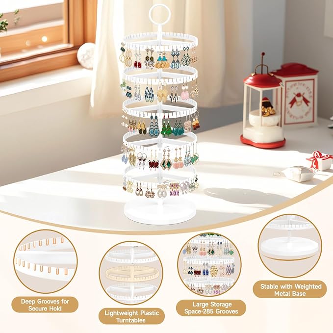 MODOWEY Rotating Earring Holder Organizer Adjustable Display, 5 Tiers White | - Image 5