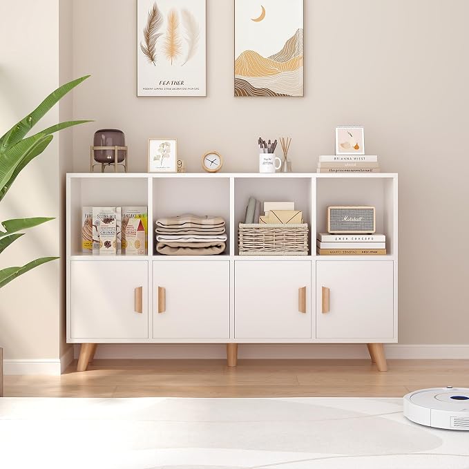 8-Cube Bookcase with Doors, 2-Tier Low Storage Cabient, Warm White | Solid Wood - Image 3