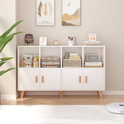 8-Cube Bookcase with Doors, 2-Tier Low Storage Cabient, Warm White | Solid Wood - Image 3
