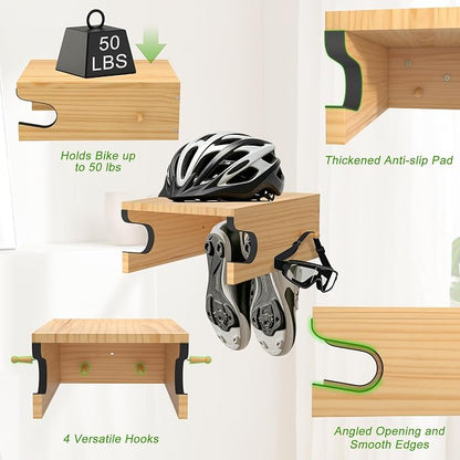 Wooden Bike Wall Mount w/Shelf & Hooks, Road Bike Storage Decor | Solid Wood - Image 4