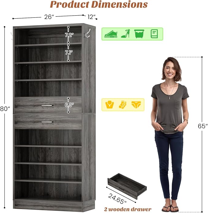 Aheaplus Tall Shoe Cabinet, 10 Tiers Wood Shoe Rack, Vertical Shoe Storage - Image 2