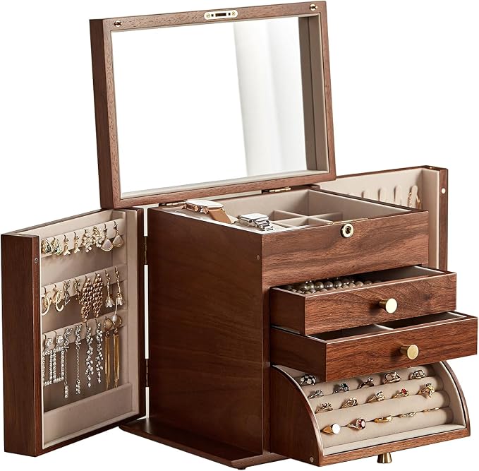 CHOSIN Black Walnut Wooden Jewelry Box, 4-Layer Lockable Organizer by CHOSIN