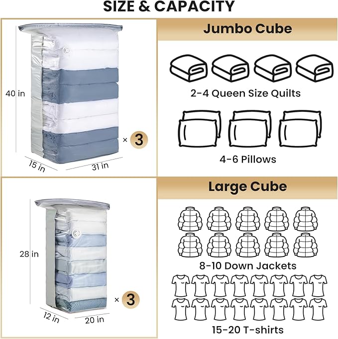 TAILI 6 Pack Vacuum Storage Bags, Cube Space Saver Bags Combo, Vacuum Seal Bags - Image 2