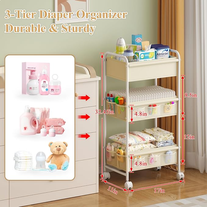 3-Tier Baby Diaper Caddy Cart Organizer, Mobile Nursery Storage Carts - Image 2