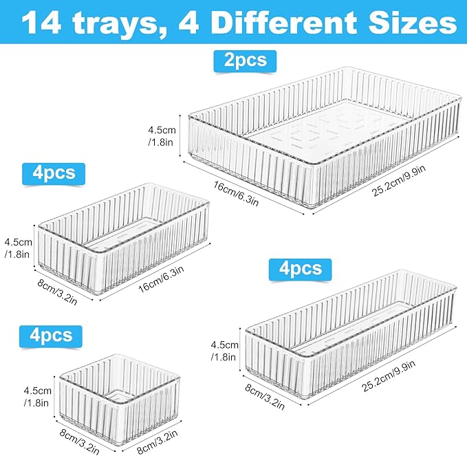 HOTOOLME 14PCS Clear Drawer Organizers Bins, 4 Size Clear Makeup Drawer - Image 3