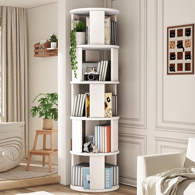 5 Tier Rotating Bookshelf Tower, 360° Display Round Bookcase, Floor Standing by Unknown