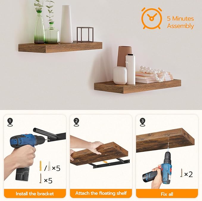 HOOBRO Floating Shelves for Wall, Wall Mounted Shelf Set of 2, 15.7" Hanging - Image 7