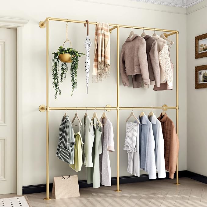 Gold Pipe Clothing Racks Wall Mount Gold Clothes Rack, Heavy Duty Industrial - Image 6