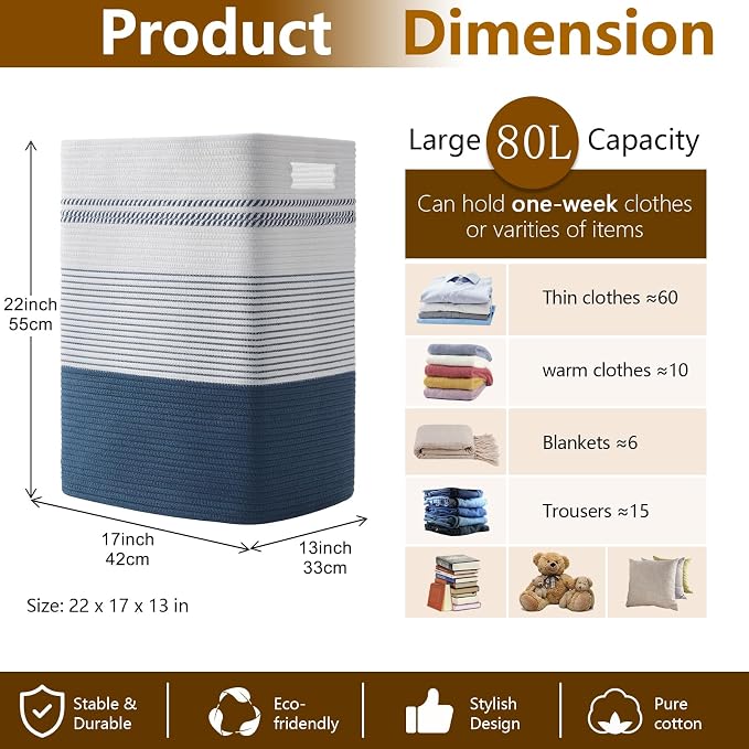 Laundry Hamper, Large Woven Rope Tall Laundry Basket - Image 6
