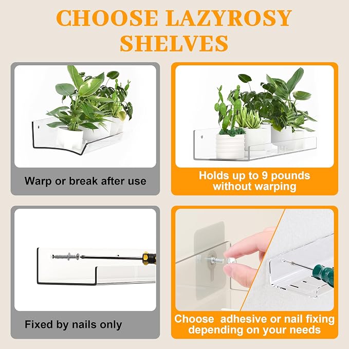 LAZYROSY 4 Pack Floating Shelves – Clear Acrylic/PET Wall-Mounted No Drill - Image 3