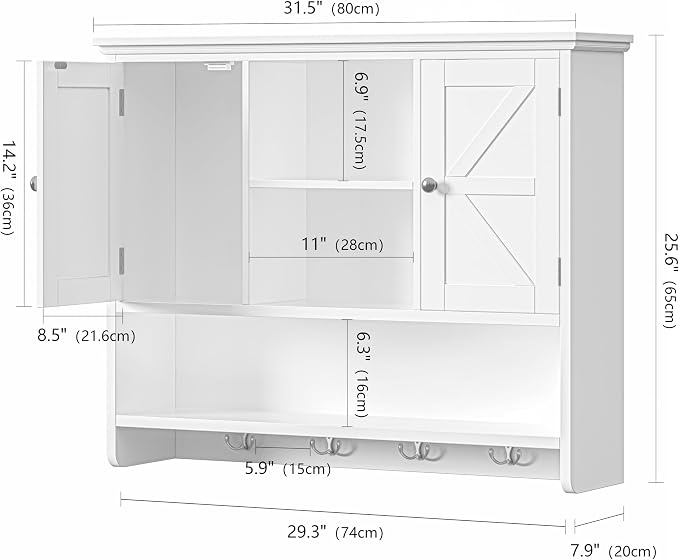 Bathroom Wall Cabinet with Doors and Hooks, 3-Tier Wall Mounted Cabinet | - Image 3